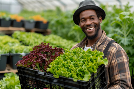 happy african american gardener holding box with fresh lettuce in greenhouseの素材
