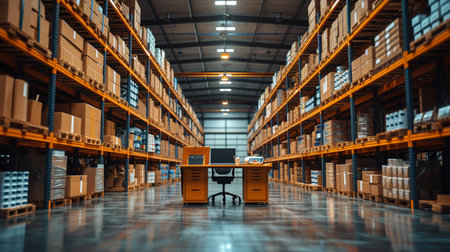 Warehouse or storehouse interior with shelves and computers. 3d renderingの素材