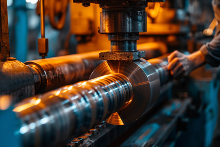 Metalworking milling machine. Cutting metal modern processing technology. Metalwork industrial background.の素材