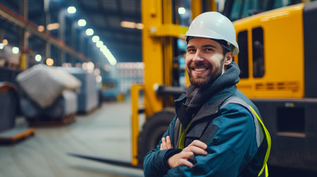 Portrait of happy male warehouse worker standing with arms crossed in warehouseの素材