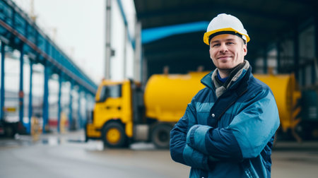 Portrait of a young engineer standing in front of a construction siteの素材