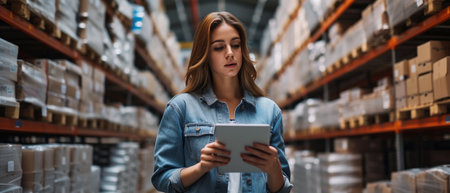 young woman using digital tablet in warehouse, panoramic shot with shallow depth of fieldの素材