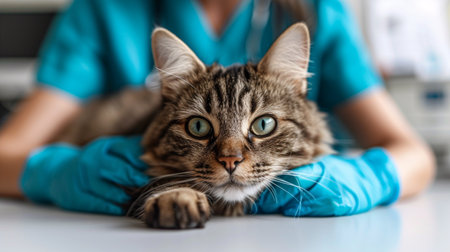 Veterinarian with stethoscope examining sick cat lying on tableの素材