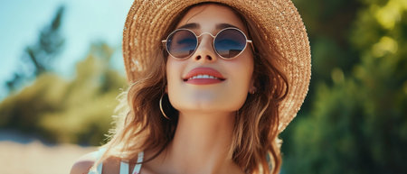 panoramic shot of smiling young woman in straw hat and sunglasses looking awayの素材