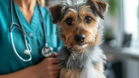 Veterinarian with cute dog in vet clinic, closeup viewの素材