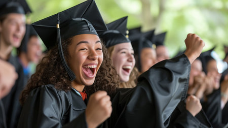 Group of happy students in graduation gowns and caps celebrating success at universityの素材