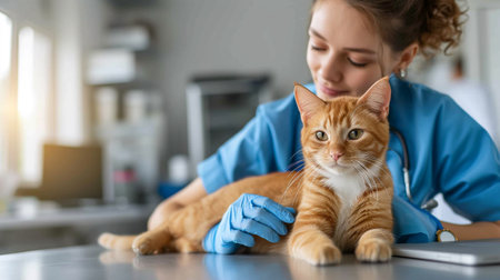 Veterinarian doctor examining cat with stethoscope in vet clinicの素材