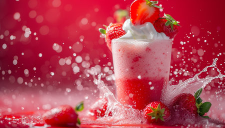Strawberry milkshake with whipped cream and fresh berries on red backgroundの素材