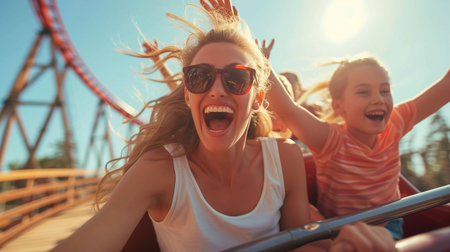 Happy mother and daughter having fun on rollercoaster in amusement parkの素材