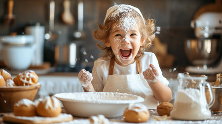 Cute little girl having fun while baking cookies in the kitchen.の素材