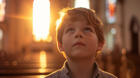 Portrait of a boy in the church at sunset. Shallow depth of field.の素材