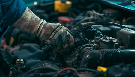 Auto mechanic working in auto repair service. Close-up of man's hands and car engine.の素材