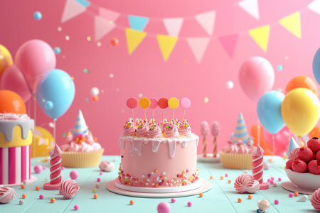Birthday cake with balloons and confetti on table, 3d renderの素材
