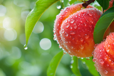 Ripe peaches on the tree in the garden after rain.の素材