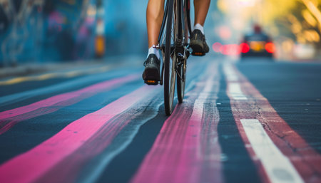 Cyclist riding a bicycle on the road in the city.の素材