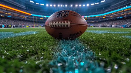 American football ball on the field at National Stadium.の素材
