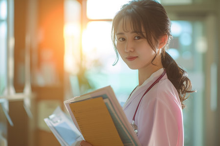 Portrait of Asian female nurse holding book in hospital. Healthcare and medical concept.の素材