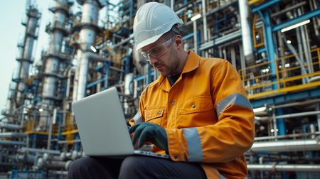 Engineer using laptop while working in oil refinery. Man wearing safety helmet and glasses.の素材