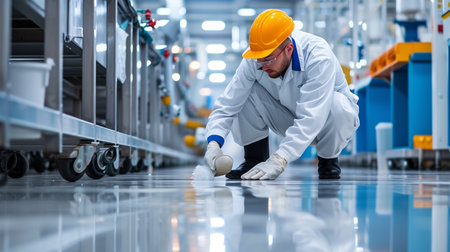 Worker in hardhat and protective suit cleaning floor in factory.の素材