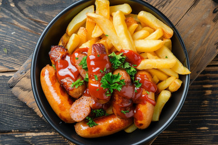 Grilled sausages with french fries, ketchup and parsleyの素材