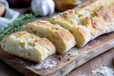 Homemade ciabatta bread with herbs, selective focus.の素材