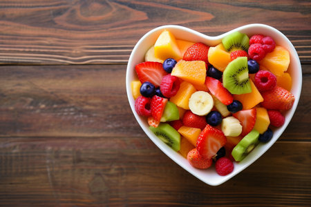Fresh fruit salad in heart shaped bowl on wooden background. top viewの素材