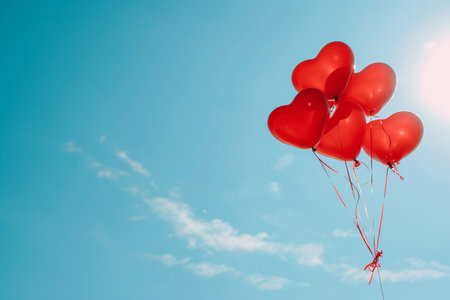 Red heart-shaped balloons on blue sky background. Valentine's day conceptの素材