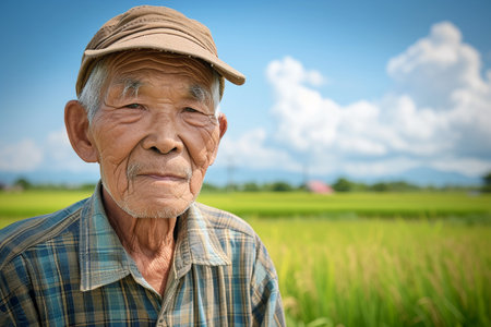 Portrait of asian senior man in rice field with blue sky backgroundの素材