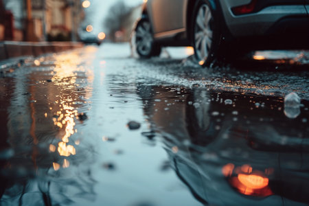 Rainy day in the city. Raindrops on the asphalt.の素材