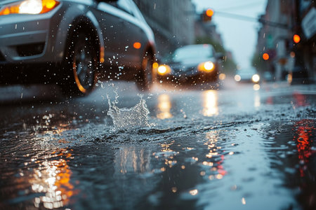 Raindrops on the wet asphalt in the city at sunset. Shallow depth of field.の素材