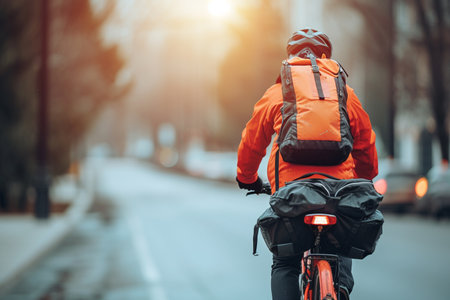 Back view of man with backpack riding a bicycle in the city.の素材