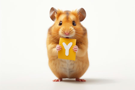 Hamster holding a yellow card with the letter Y on a white backgroundの素材