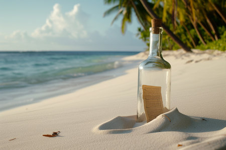 Message in a bottle on a tropical beach with palm trees in the backgroundの素材