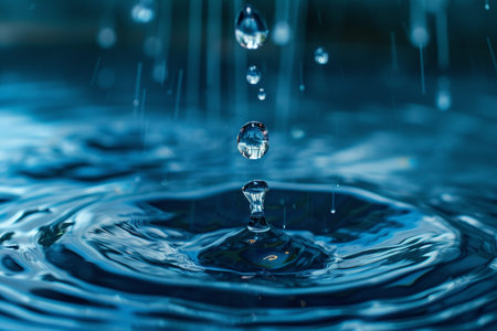 Water drops on water surface with ripples and waves, close upの素材