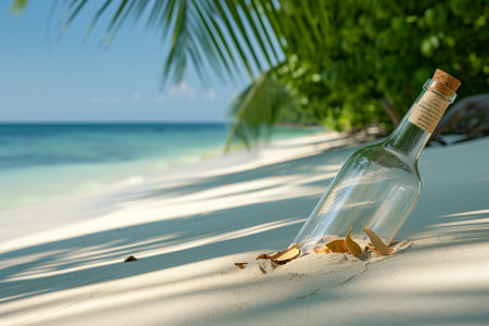Message in a bottle on a tropical beach with palm trees in the backgroundの素材