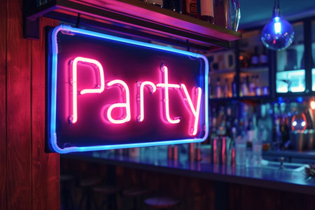 Neon signboard with text Party on the background of the barの素材