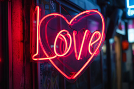 Neon heart sign in the city at night. Love concept.の素材