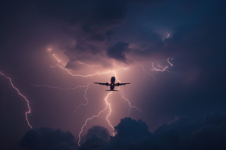 Airplane flying in the stormy sky with lightning. 3d renderingの素材