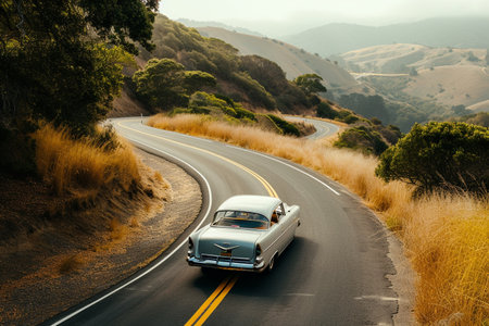 Vintage car driving on a road in the mountains, California, USAの素材