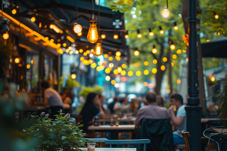 Street cafe with bokeh lights and people in the background.の素材