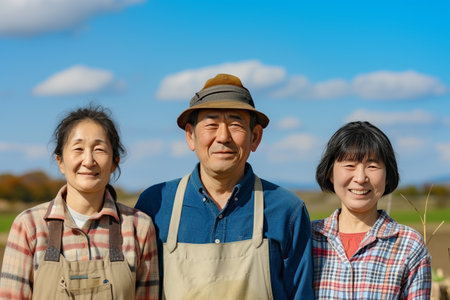 Portrait of happy asian family on wheat field with blue skyの素材