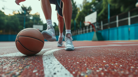 Close up of basketball player running with ball on the court. sports conceptの素材