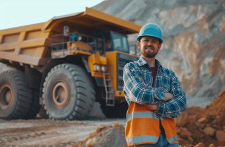 Confident worker in hardhat standing with arms crossed on construction siteの素材