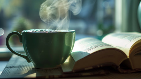 Cup of coffee and book on a wooden table in the morningの素材