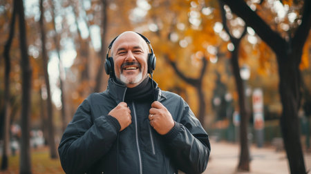 Mature man with headphones listening to music in the autumn park.の素材