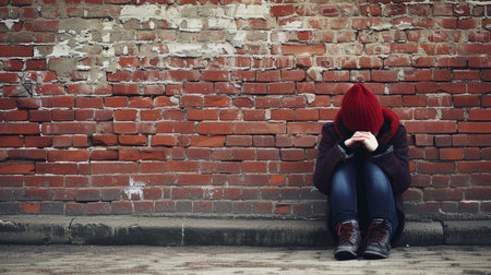 Young woman sitting on the ground in front of a red brick wallの素材