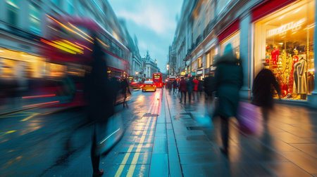 Blurred motion of people on Oxford street. Oxford street is a major shopping street in London.の素材