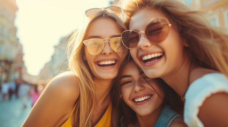 summer holidays, vacation, friendship and people concept - smiling young women in sunglasses taking selfie in the cityの素材