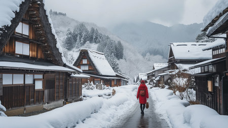 Traditional Japanese architecture in Shirakawa-go during winter, Japan.の素材