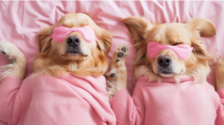 Cute Golden Retriever dog with pink sleep mask on the bed.の素材